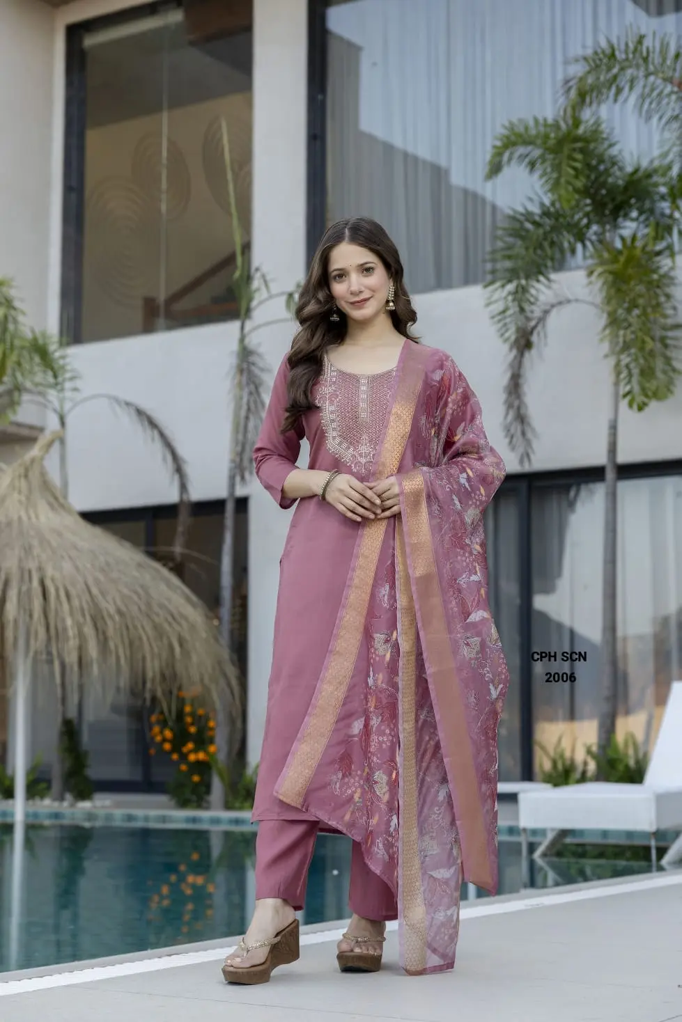 Pure Viscose Chanderi Sequence Embroidered Kurta Set